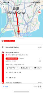 Googleマップで香港の地下鉄の発車時間を確認できた画面