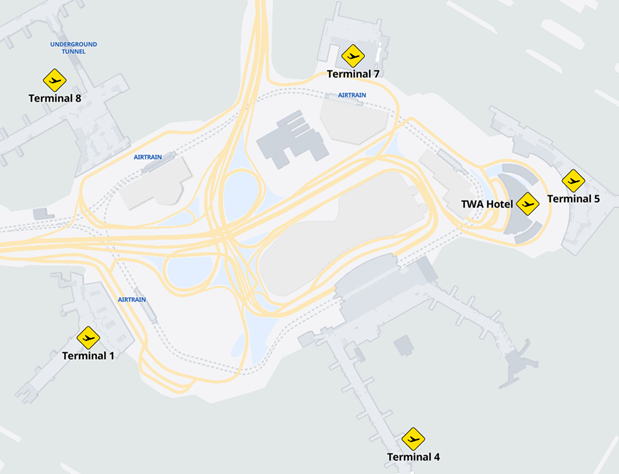 JFK国際空港のターミナルとエアトレイン地図